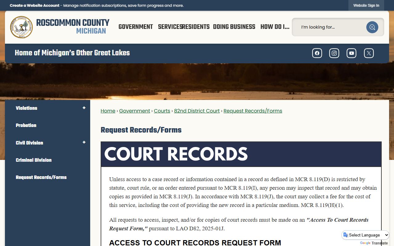 Roscommon County court records request form page after jail arrest