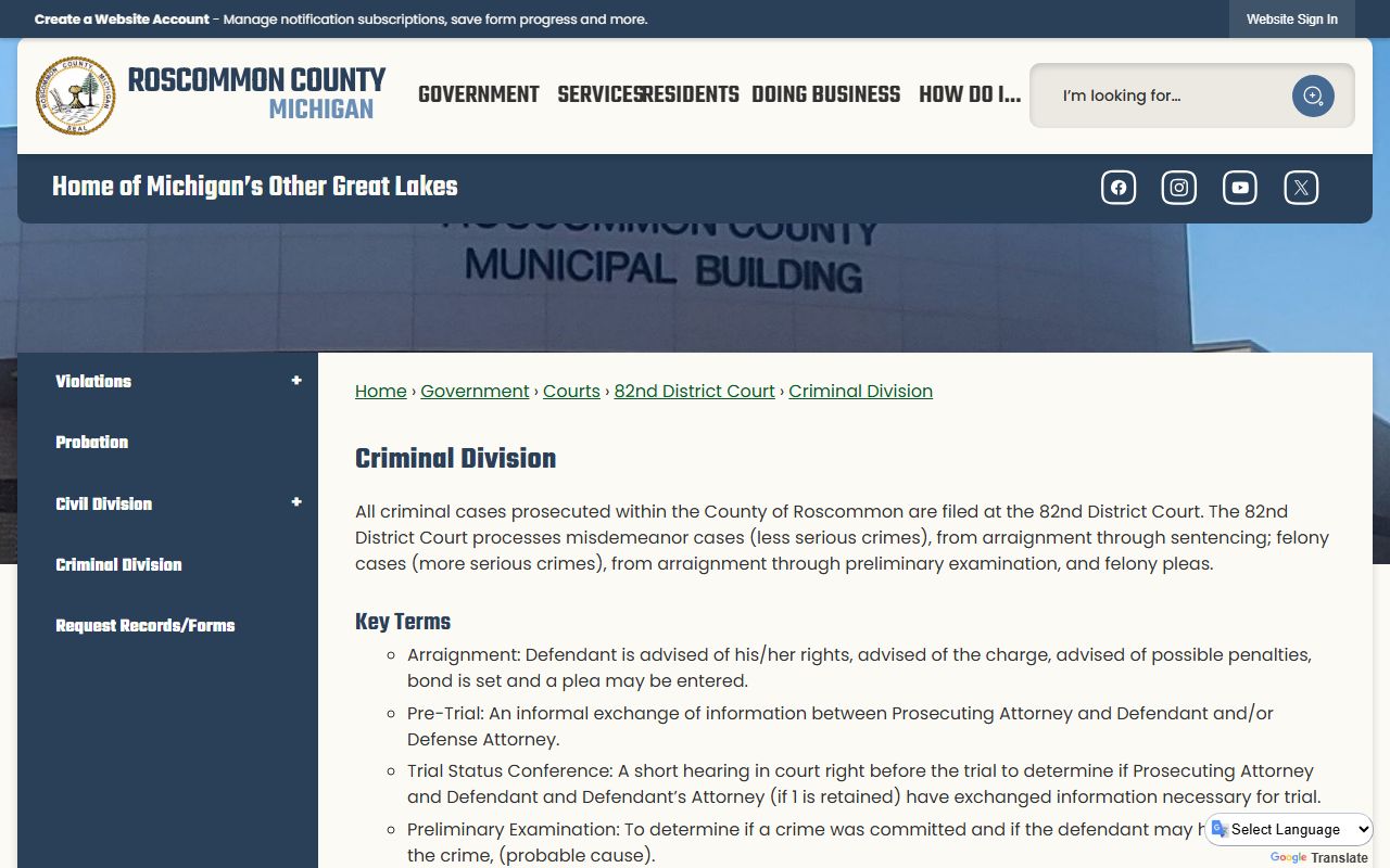 Roscommon County court records after arrest criminal division page