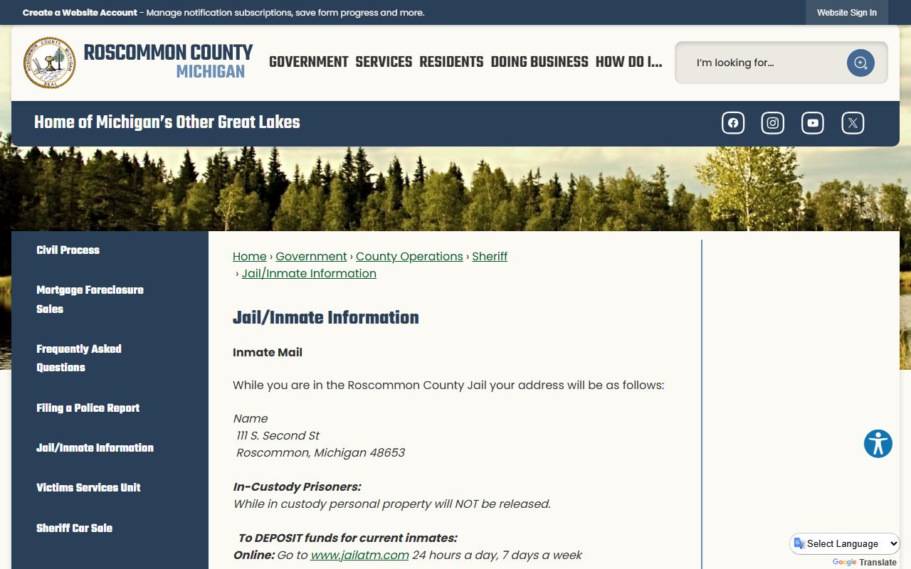 Roscommon County inmate records jail inmate information page