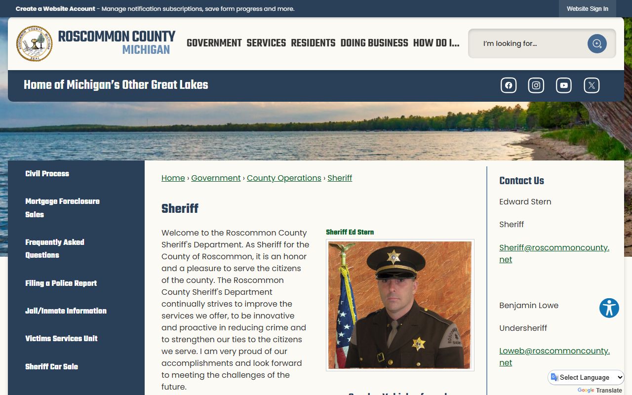 Roscommon County inmate records sheriff page with jail search link